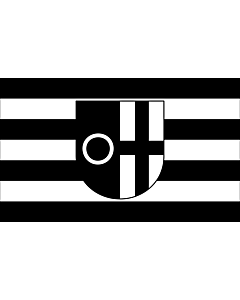 Drapeau: Datteln | Beschreibung der Flagge  Die Flagge der Stadt Datteln zeigt in der Mitte das Stadtwappen auf schwarz - weiß gestreiftem Felde in waagerechter Anordnung über 4 schwarzen und 3 weißen Streifen