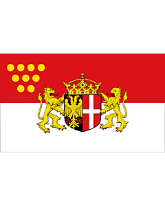 Fahne: Flagge: Das Wappen der Stadt Neuss zeigt auf einem von Schwarz und Rot gespaltenen Schild im schwarzen  linken  Feld einen rot bewehrten