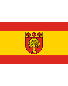Drapeau: Selm | Beschreibung der Flagge  Die Flagge ist von Rot zu Gelb zu Rot im Verhältnis 1  3  1 längsgestreift mit dem Wappenschild der Stadt in der Mitte